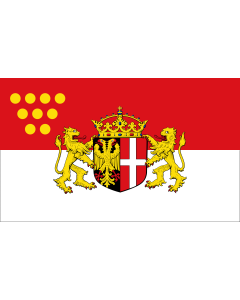 Fahne: Flagge: Das Wappen der Stadt Neuss zeigt auf einem von Schwarz und Rot gespaltenen Schild im schwarzen  linken  Feld einen rot bewehrten